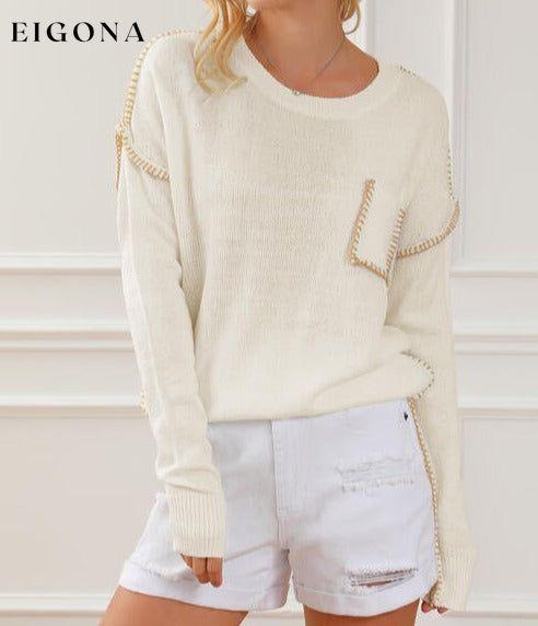 Exposed Seam Round Neck Long Sleeve Sweater White clothes Ship From Overseas SYNZ