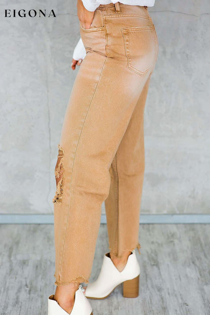 Brown Distressed Hollow-out High Waist Cropped Flare Jeans All In Stock Best Sellers clothes Color Orange Craft Distressed EDM Monthly Recomend Fabric Denim Hot picks Occasion Daily Print Solid Color Season Spring Silhouette Wide Leg Style Southern Belle