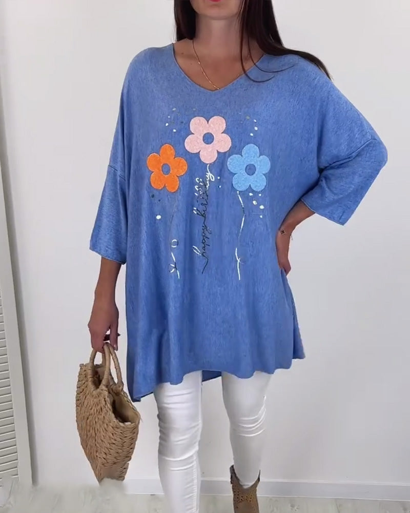 Casual floral print V-neck loose top 2024 f/w blouses & shirts spring