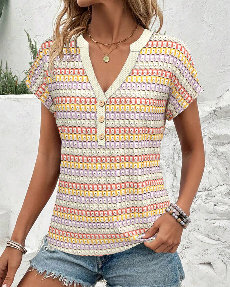 V-Neck Contrast Short-Sleeved Blouse