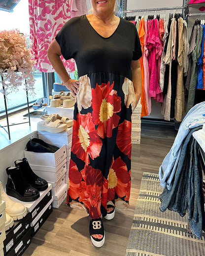 V-Neck Floral Print Contrast Maxi Dress