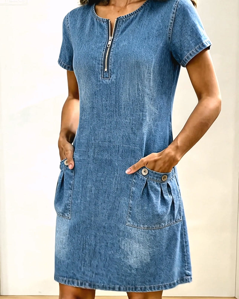 Denim Half-Zip Pocket Short Sleeve Dress