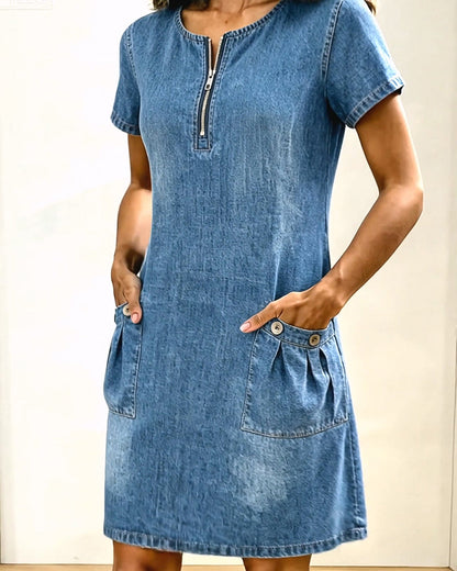 Denim Half-Zip Pocket Short Sleeve Dress