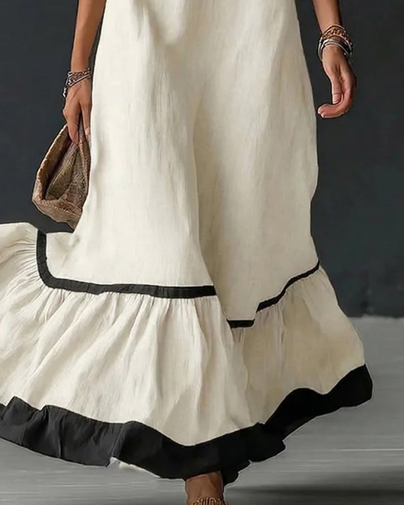 Contrast Ruffled Sleeveless Long Dress