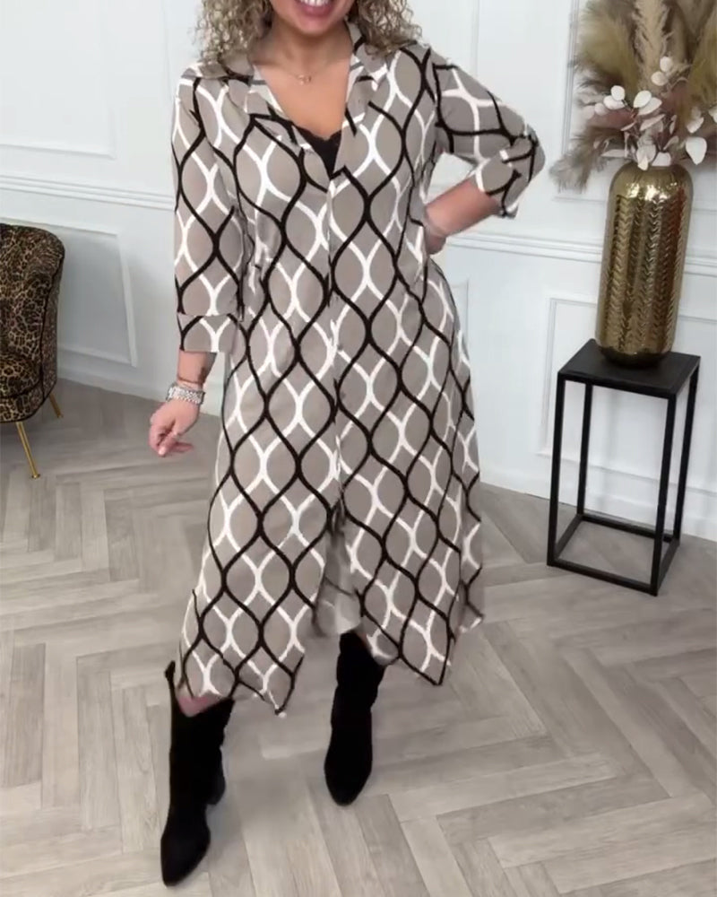 Lapel Buttoned Geometric Print Dress