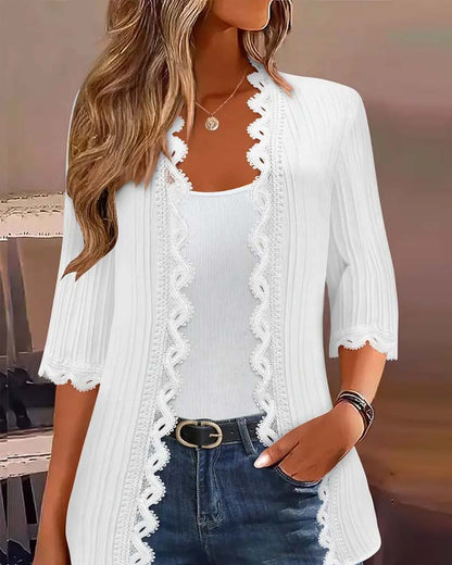 Mid-Length Sleeve Lace Trim Coat