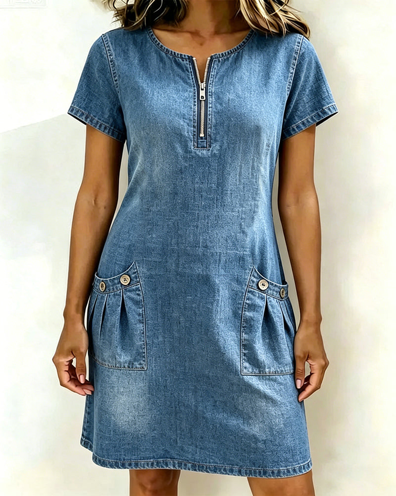 Denim Half-Zip Pocket Short Sleeve Dress