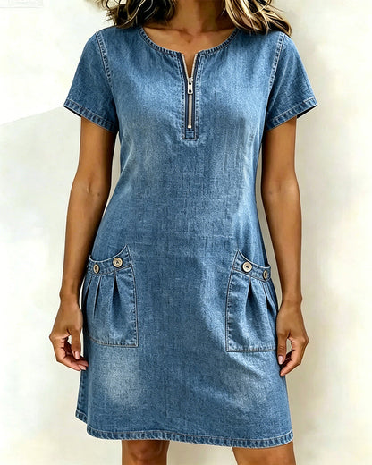 Denim Half-Zip Pocket Short Sleeve Dress