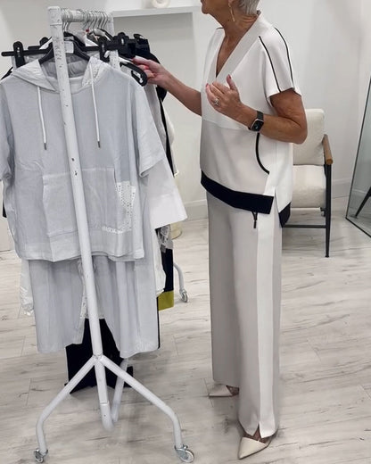 V-Neck Color Matching Slit Casual Suit