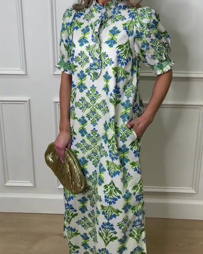 Plant Print Stand Collar Dress