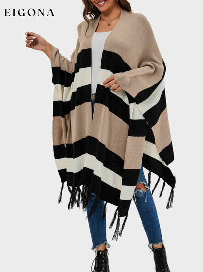 Striped Open Front Fringe Cardigan clothes D.L Ship From Overseas