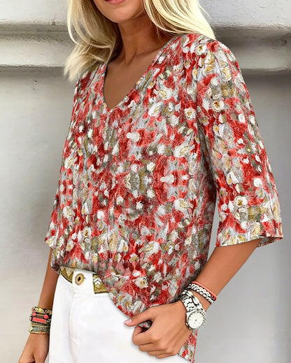 Floral Print V-Neck Three-Quarter Sleeve Blouse