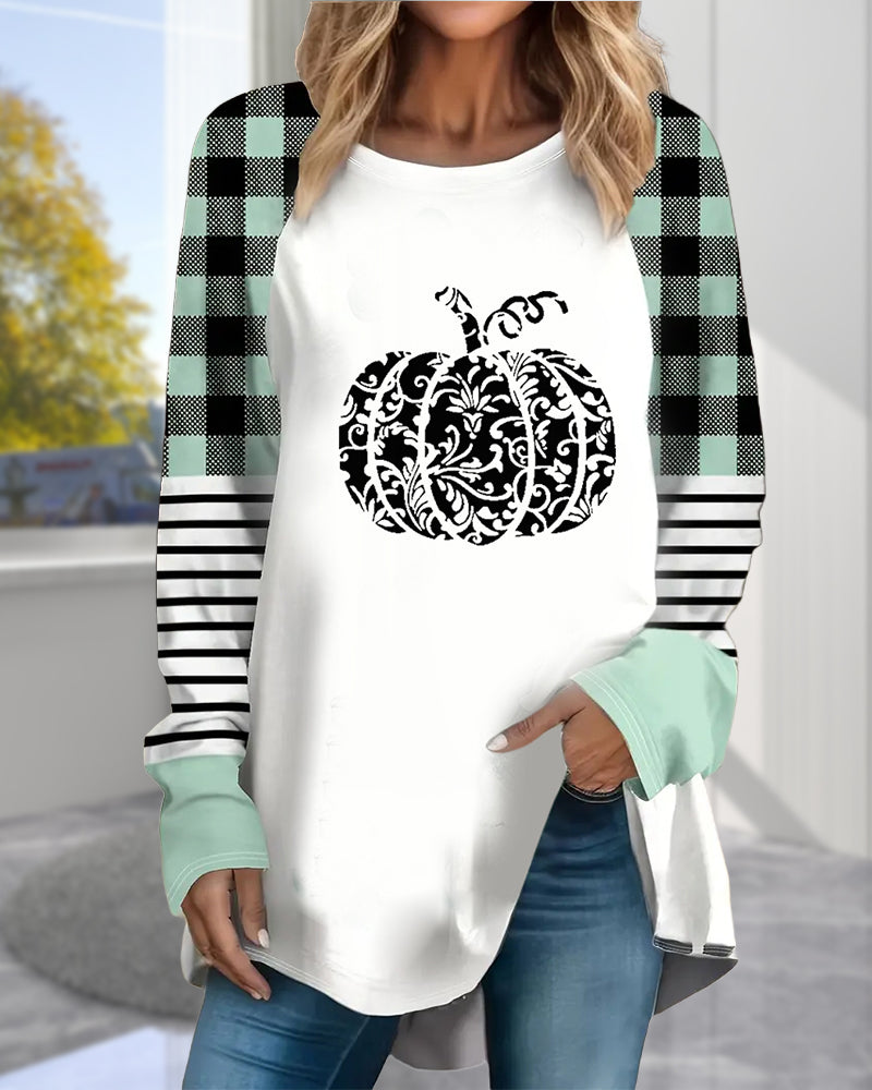 Casual colorblock pumpkin print long sleeve top 2024 f/w blouses & shirts halloween