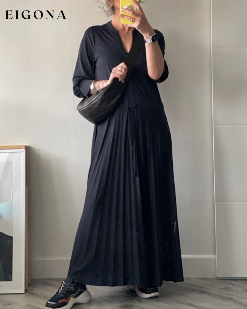 V-neck pleated solid color dress Black 2023 f/w 23BF casual dresses Clothes Dresses spring