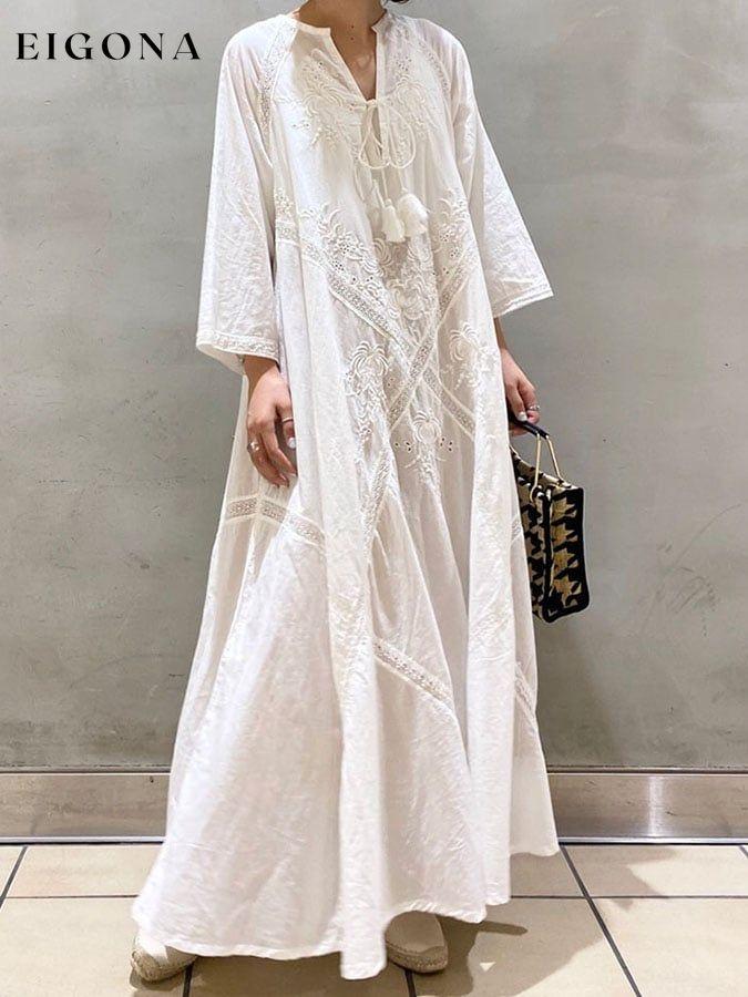 Women's Vintage Embroidered Casual Loose Long Dress cotton linens