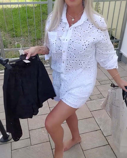 Long-Sleeved Lapel Hollow Shorts Set