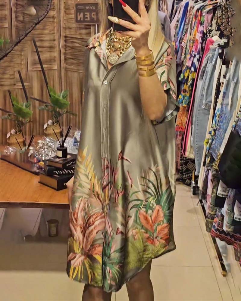 Botanical print lapel half-sleeve midi dress casual dresses summer