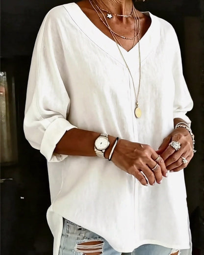 V-Neck Seven-Part Sleeve Split Cotton Linen Top
