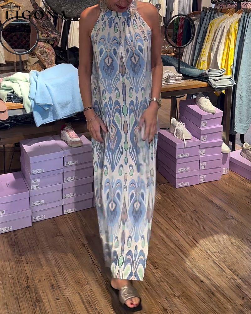 Elegant printed sleeveless halter neck long dress casual dresses summer