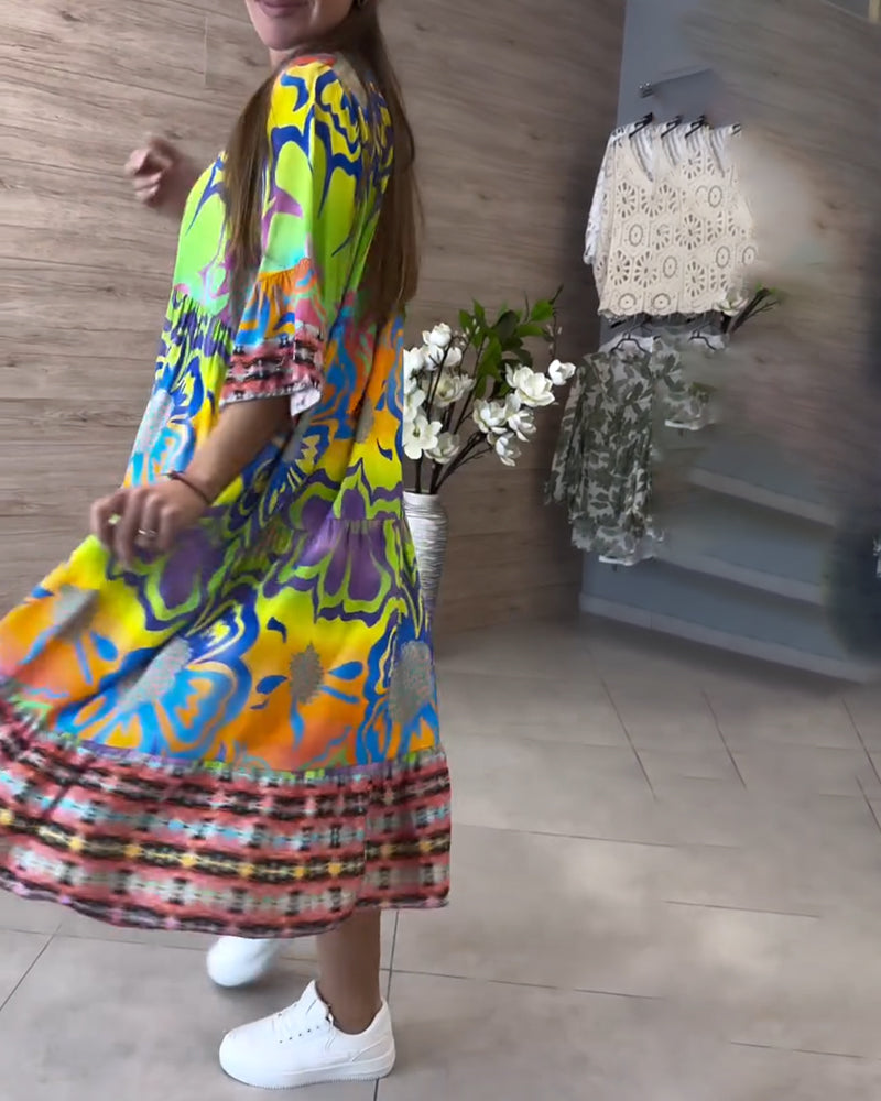 V-Neck Printed Casual Bohemian Dress