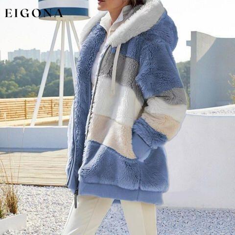 Color Block Zip-Up Hooded Jacket Misty Blue clothes Ship From Overseas Y#M#L