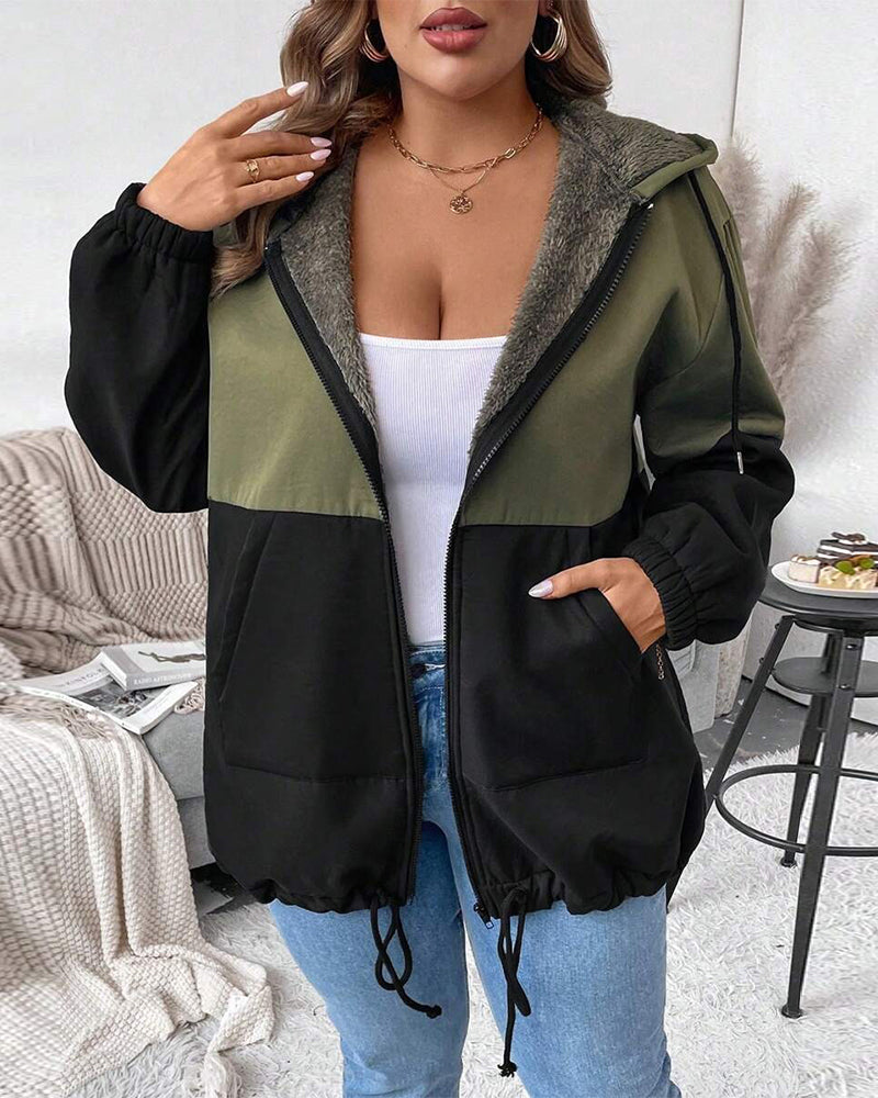 Fleece Lined Color Block Zip-Up Coat