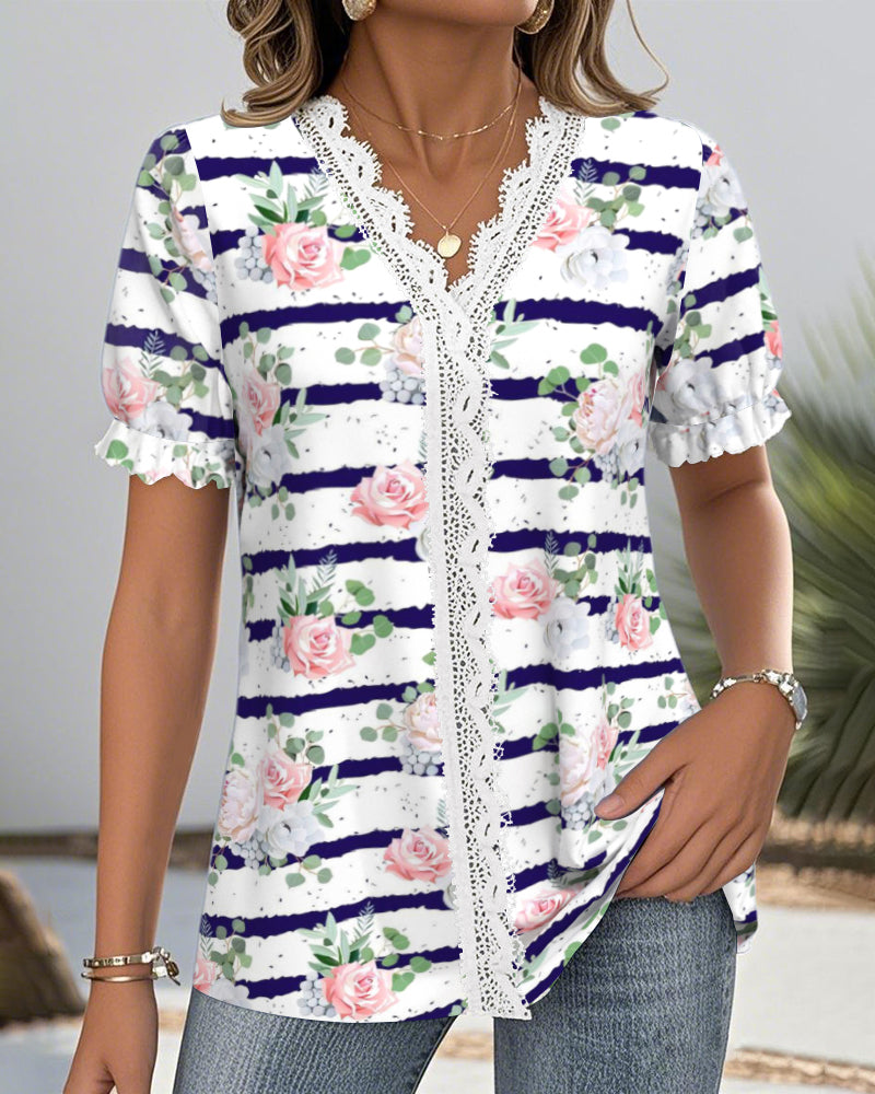 V-Neck Lace Hollow Printed Short-Sleeved Blouse