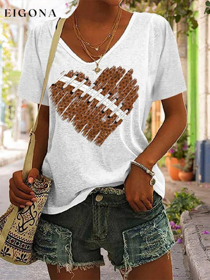 Women's Football Heart Print Casual V-Neck Tee ball print