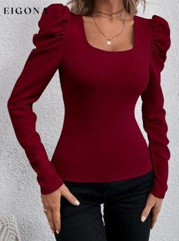 Square Neck Puff Long Sleeve Top Wine clothes long sleeve top long sleeve tops Ship From Overseas top tops Y@Q@S