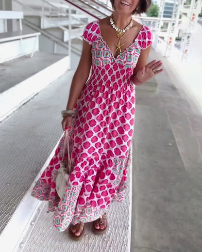 Abito lungo stampato con scollo a V profondo sexy