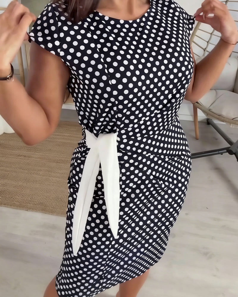 Polka Dot Lace-Up Waist Dress