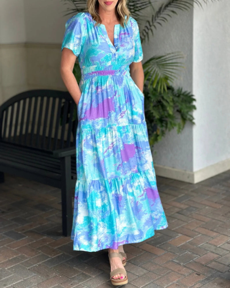 Short Sleeve Pleated Tie-Dye Dress casual dresses spring summer vacation dresses