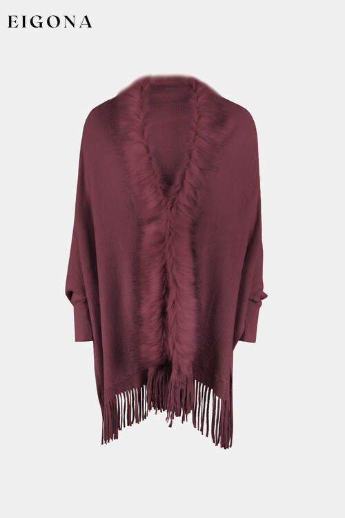 Fringe Open Front Long Sleeve Poncho Wine One Size clothes Drizzle Ship From Overseas sweaters