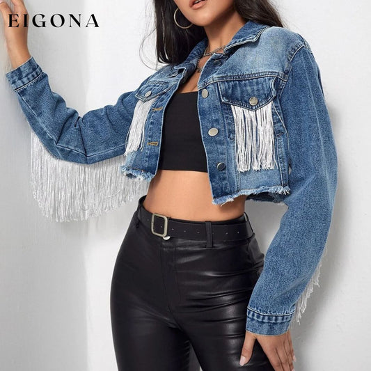 Fringe Detail Long Sleeve Cropped Denim Jacket Medium ASZ@Denim clothes Denim Jacket denim jackets jean jackets Ship From Overseas Shipping Delay 09/29/2023 - 10/03/2023