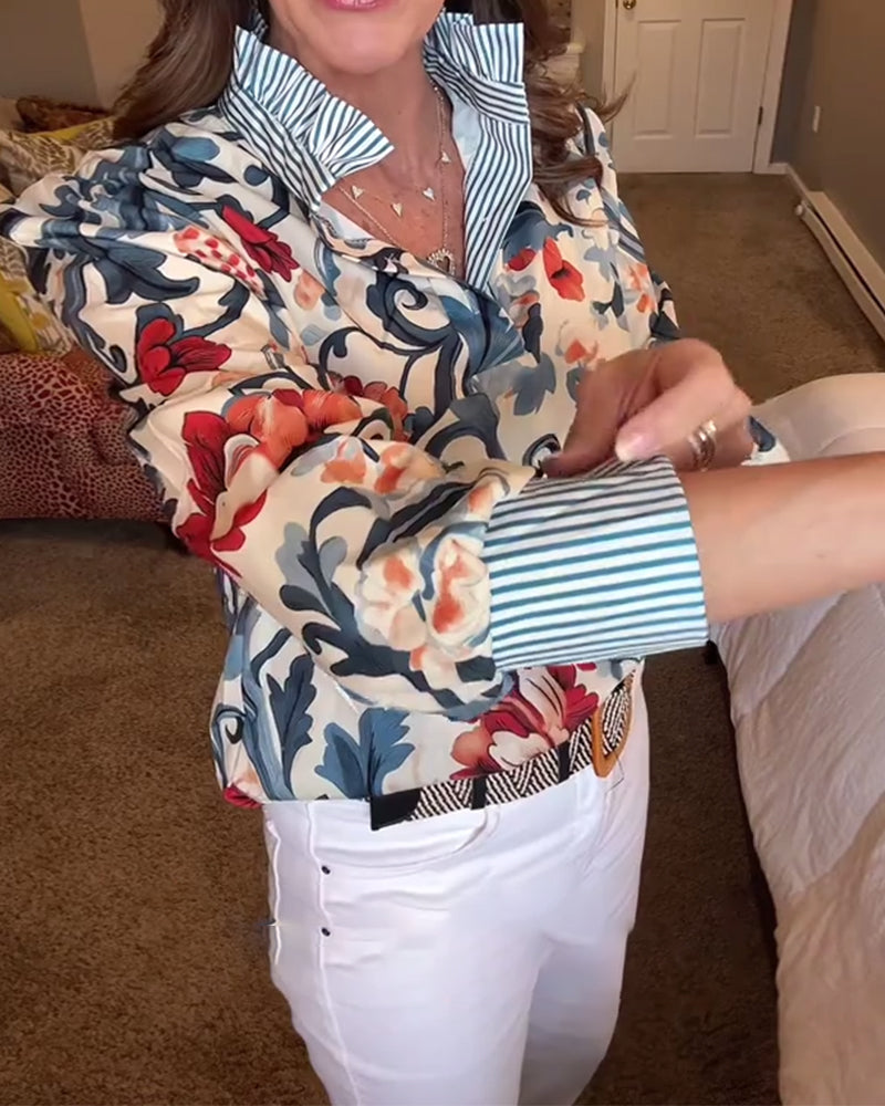 Puff Sleeve Floral Striped Blouse