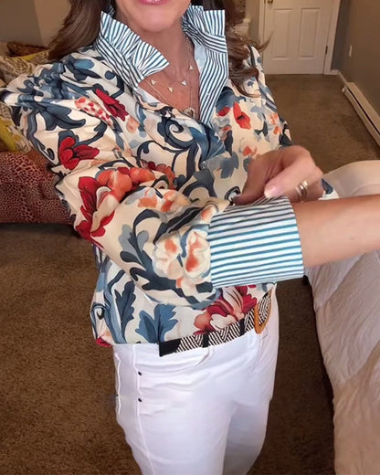 Puff Sleeve Floral Striped Blouse