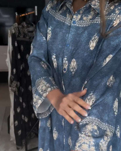 Retro Lapel Print Loose Dress