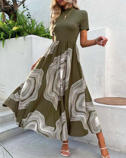 Tree Ring Print Slim Round Neck Dress casual dresses spring summer