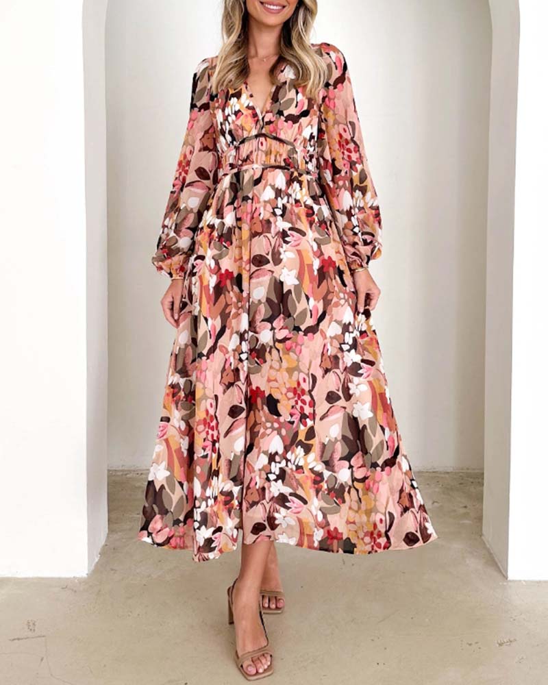 Elegant floral print lantern sleeve dress 2024 f/w casual dresses spring