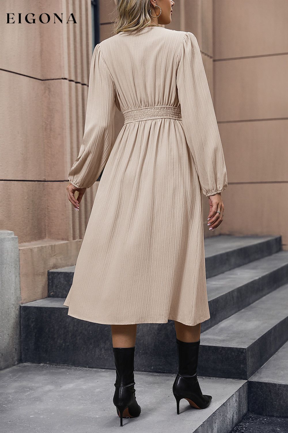 V-Neck Buttoned Slit Dress clothes dresses Hundredth long sleeve dresses maxi dress Ship From Overseas