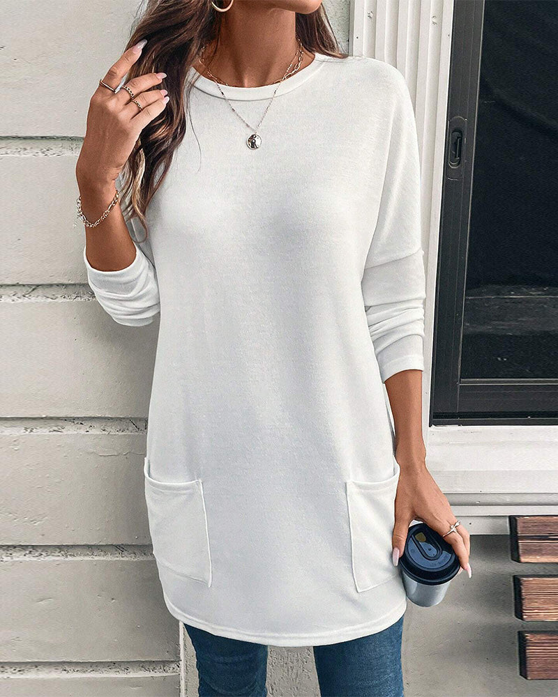 Round neck solid color pocket casual long sleeve top 2024 f/w blouses & shirts