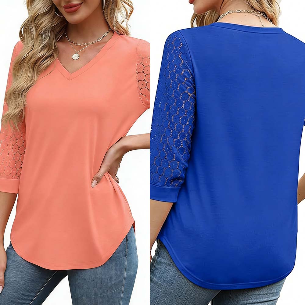Hollow Three-Quarter Sleeve Solid Color Top Set