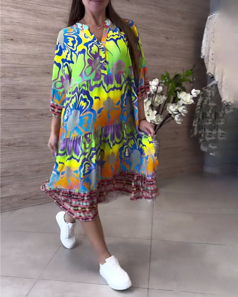 V-Neck Printed Casual Bohemian Dress