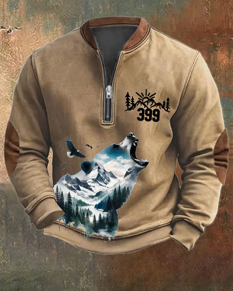 Men's Vintage Grizzly Print Zip-Up Sweatshirt 2024 f/w cute animals sweatshirts