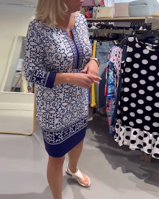 Three-Quarter Sleeve Slim Contrast Print Dress