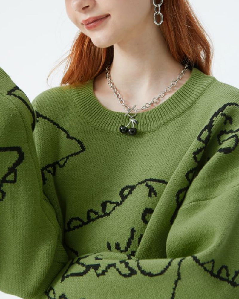 Dinosaur pattern crew neck casual sweater 2024 f/w pullovers