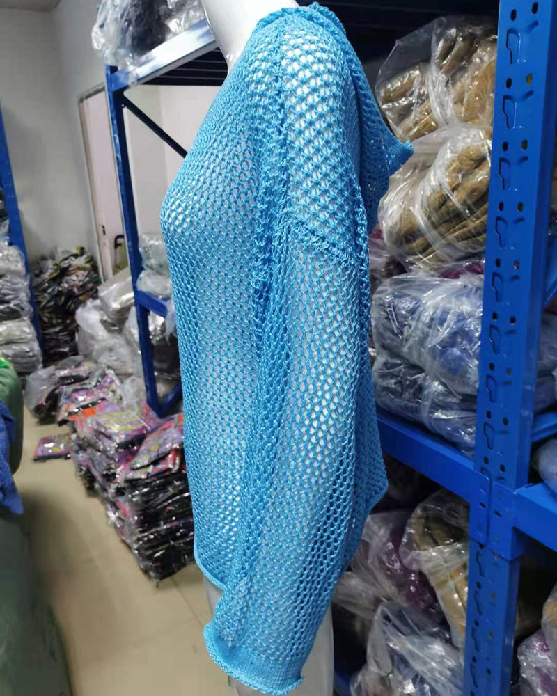 Dames Crochet Hollow Out Hooded Long Sleeve Tops