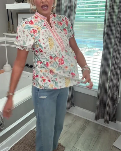 Floral Stand Collar Puff Sleeve Blouse