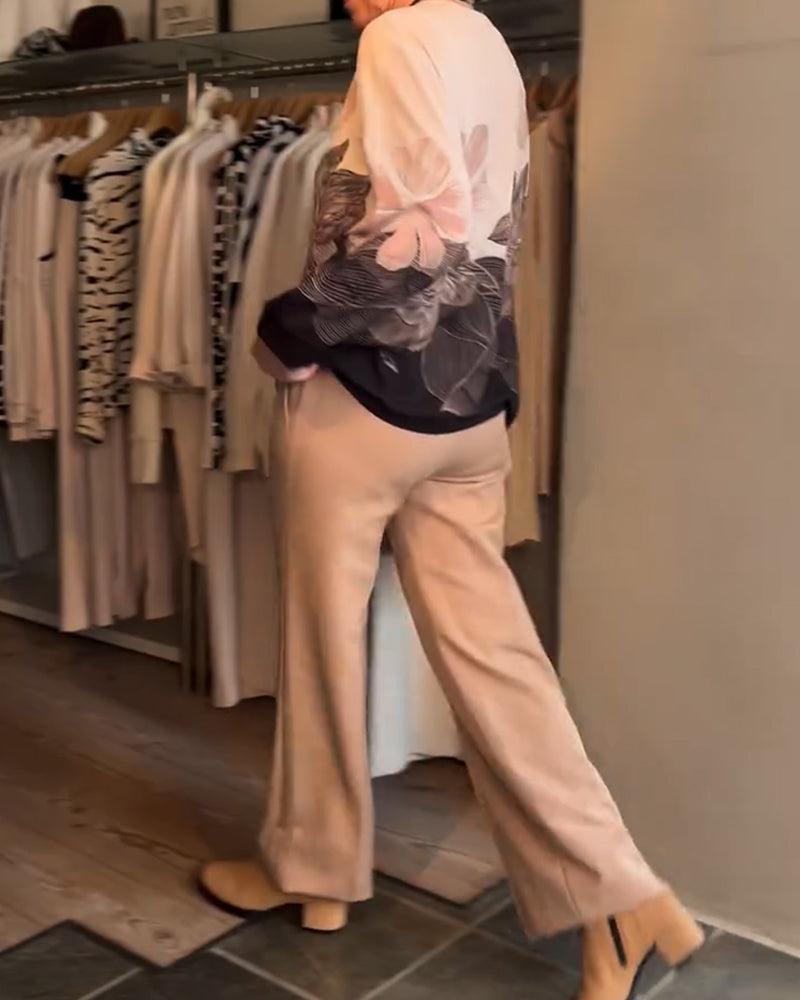 Tie-Up Long Sleeve Placement Print Blouse