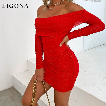 Glitter Mesh Off-Shoulder Ruched Long Sleeve Mini Dress casual dresses clothes dress dresses long sleeve dress long sleeve dresses Ringing-N Ship From Overseas short dresses